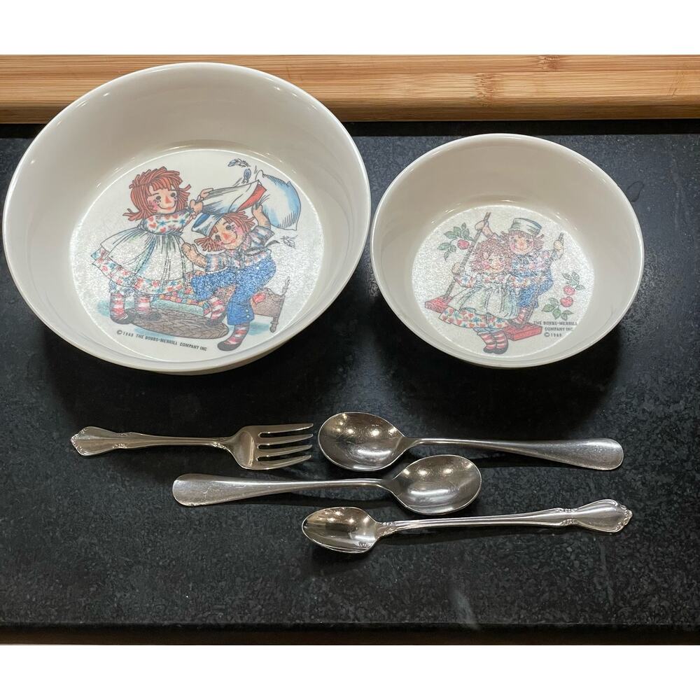 VTG  Raggedy Ann and Andy Bowl set with SS Utensils